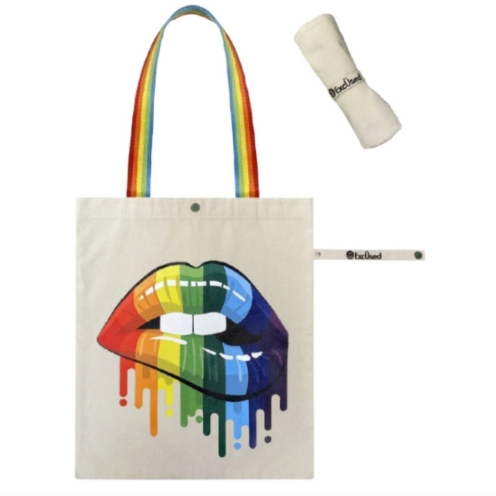 Eco-Friendly ExcUsed Reusable Natural Tote Bag Drip Lips 💋 Bag 🌈  W-617